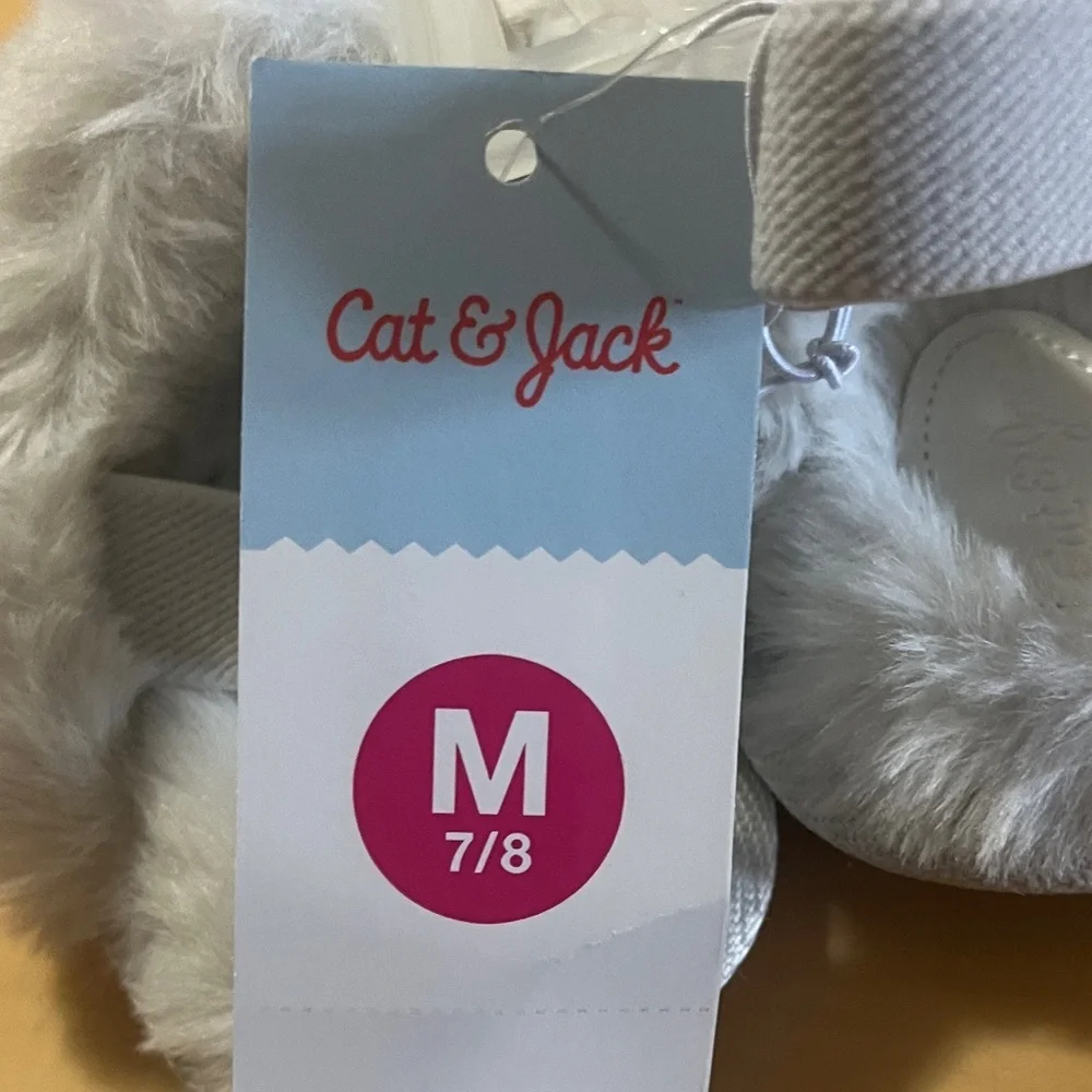 Cat & Jack Silver and White Faux Fur Kids Slippers